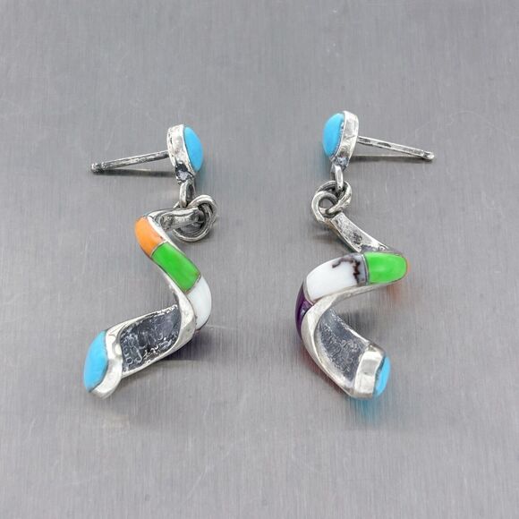 Vintage PJ Sterling Silver 925 Multi Stone Inlay Spiral Dangle Post Earrings - Picture 8 of 9